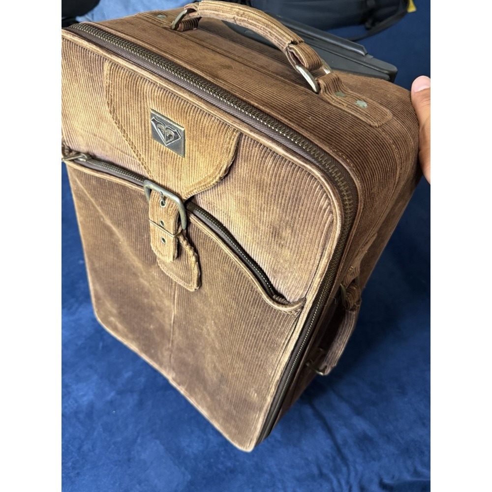 Roxy Y2K Corduroy Brown Travel Luggage Bag Roller Wheels Giant Buckle Suitcase